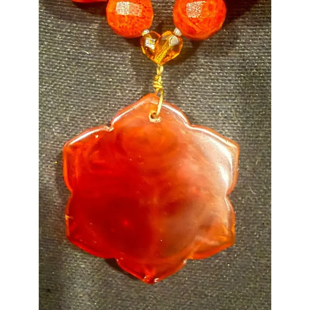 Vintage Korea Carnelian Rose Pendant Necklace Hand Carved Statement Floral 111g